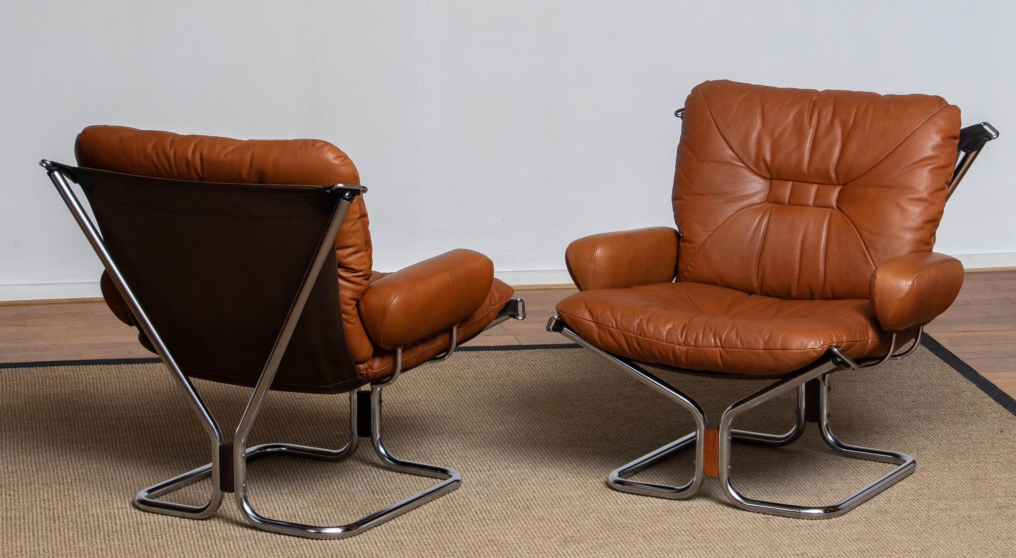 Steel 1970s Pair Lounge Chairs in Cognac Leather and Chrome by Harald Relling 