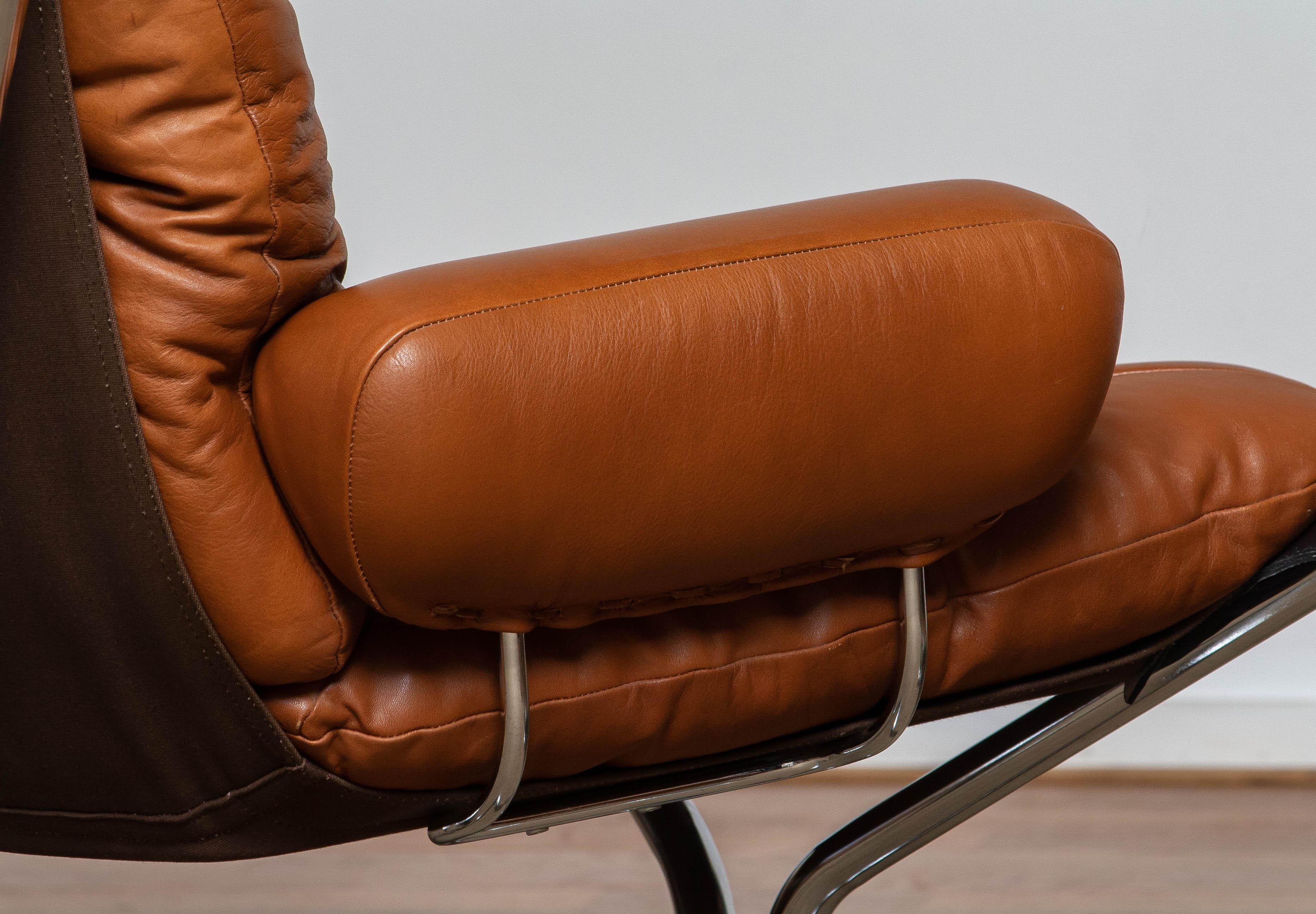 1970s Pair Lounge Chairs in Cognac Leather and Chrome by Harald Relling  1