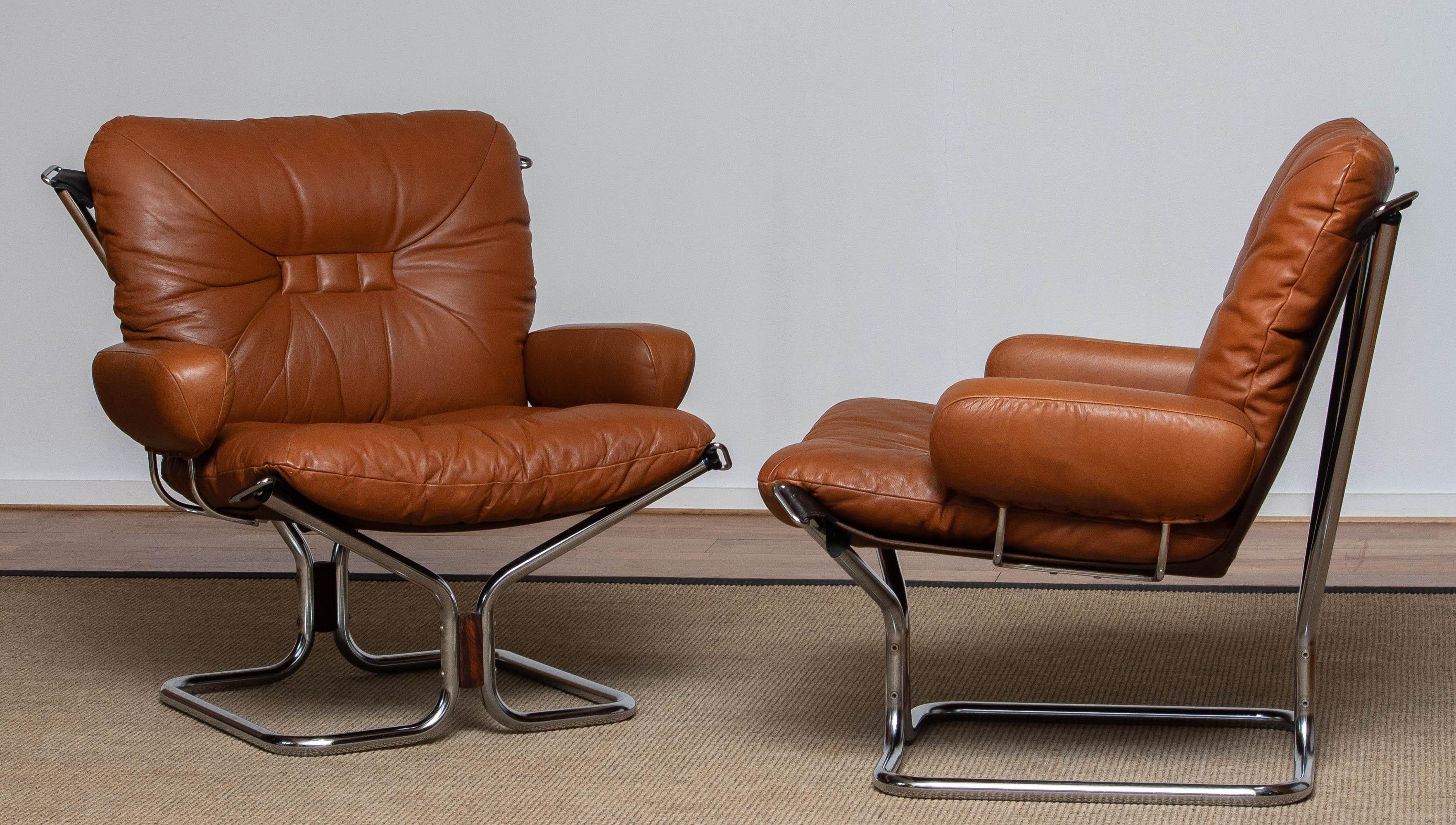 1970s Pair Lounge Chairs in Cognac Leather and Chrome by Harald Relling  2