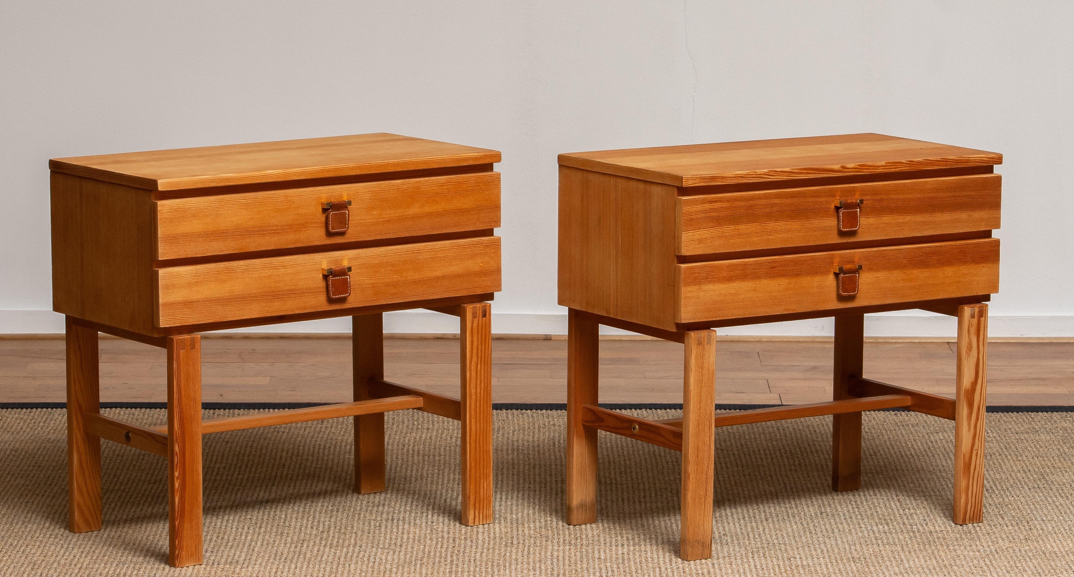 Brass 1970s, Pair of Nightstands or Bedside Tables in Pine by Sigurd Göransson Sweden