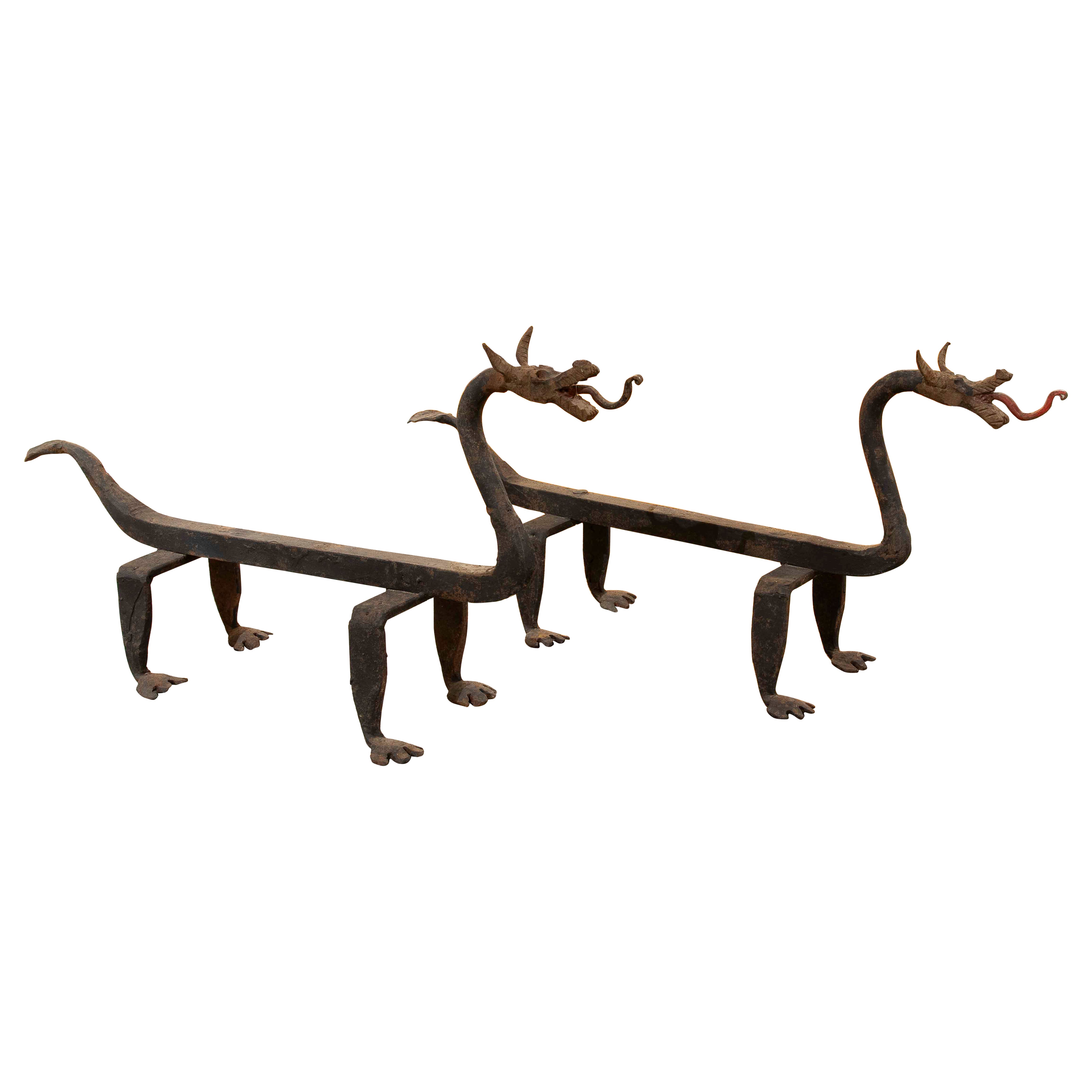 1970s Pair of Andirons with Dragon Decorations and Forged Iron Legs