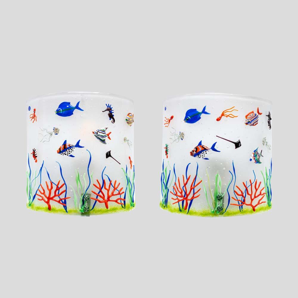 Coppia di lampade da parete per acquario degli anni '70 in vetro soffiato di Murano bianco e multicolore in vendita 5
