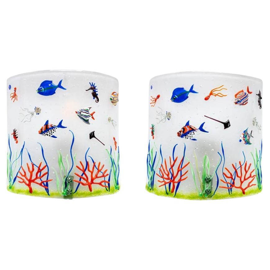 Pareja de apliques de acuario de los años 70 de cristal de Murano soplado blanco y multicolor