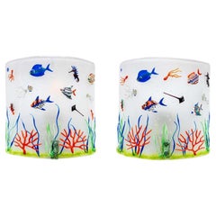 1970s pair of aquarium wall lights blown Murano glass white and multicolor
