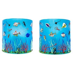1970s pair of aquarium wall lights blown Murano glass blue and multicolour