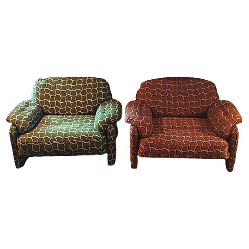 1970s Pair of Armchairs by Tobia Scarpa with Rubelli Fabric by Luke Edward Hall