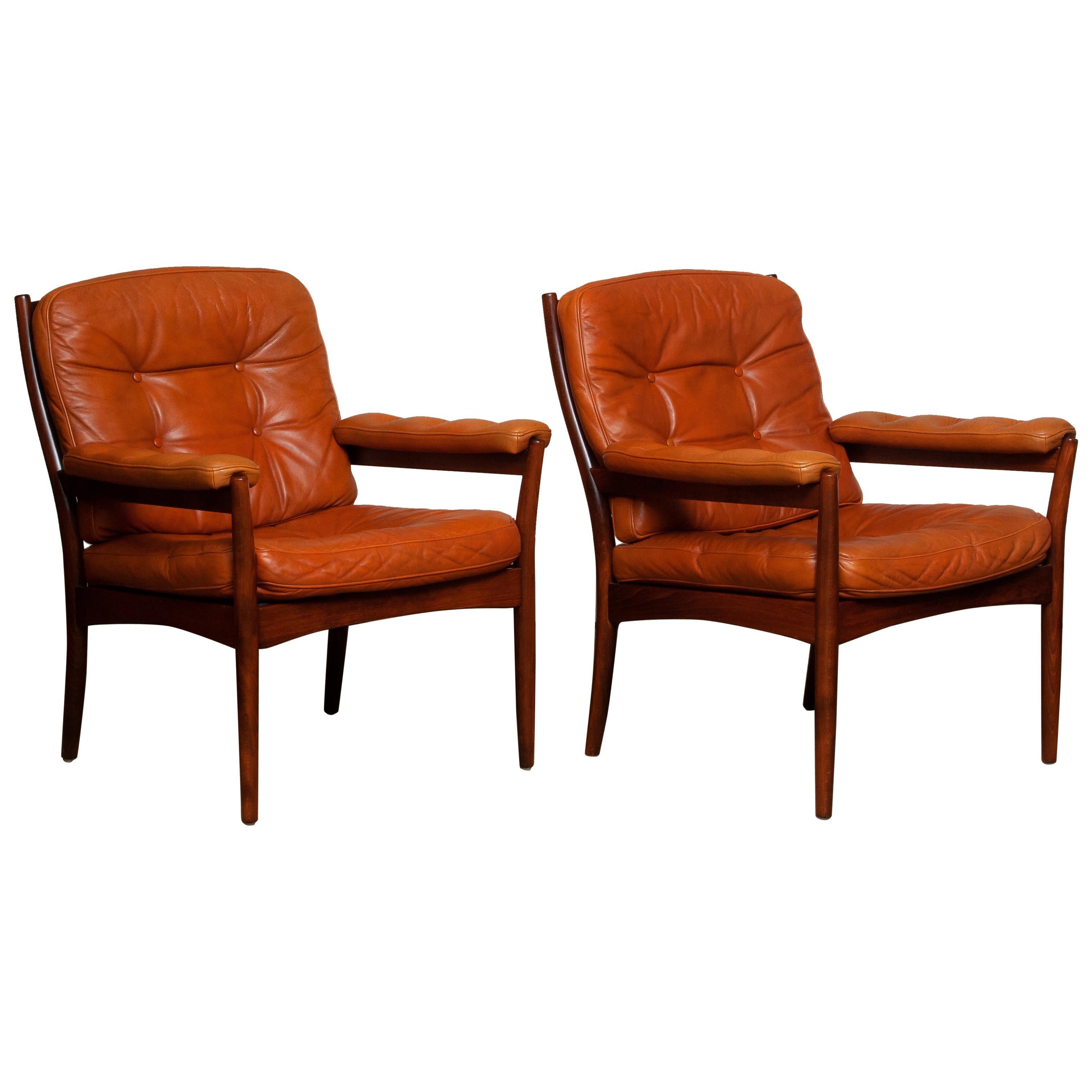Scandinavian Modern 1970s Pair of Armchairs in Sturdy Cognac Leather by Göte Möbel Sweden, Carmen