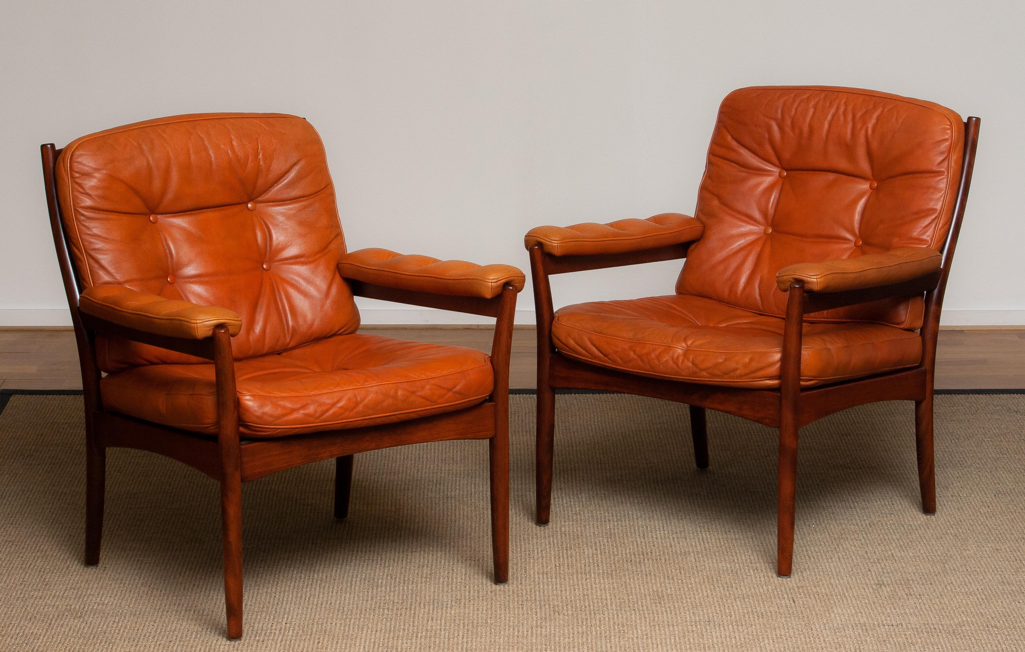 1970s Pair of Armchairs in Sturdy Cognac Leather by Göte Möbel Sweden, Carmen 1