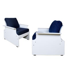 1970s Pair of Armchairs, Lacquered Wood, Blue Loop Pile Fabric - Italy