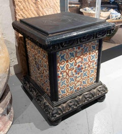1970s Pair of Art Nouveau Pedestals with Polychrome Tiles and Carved Wood