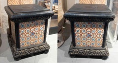1970s Pair of Art Nouveau Pedestals with Polychrome Tiles and Carved Wood