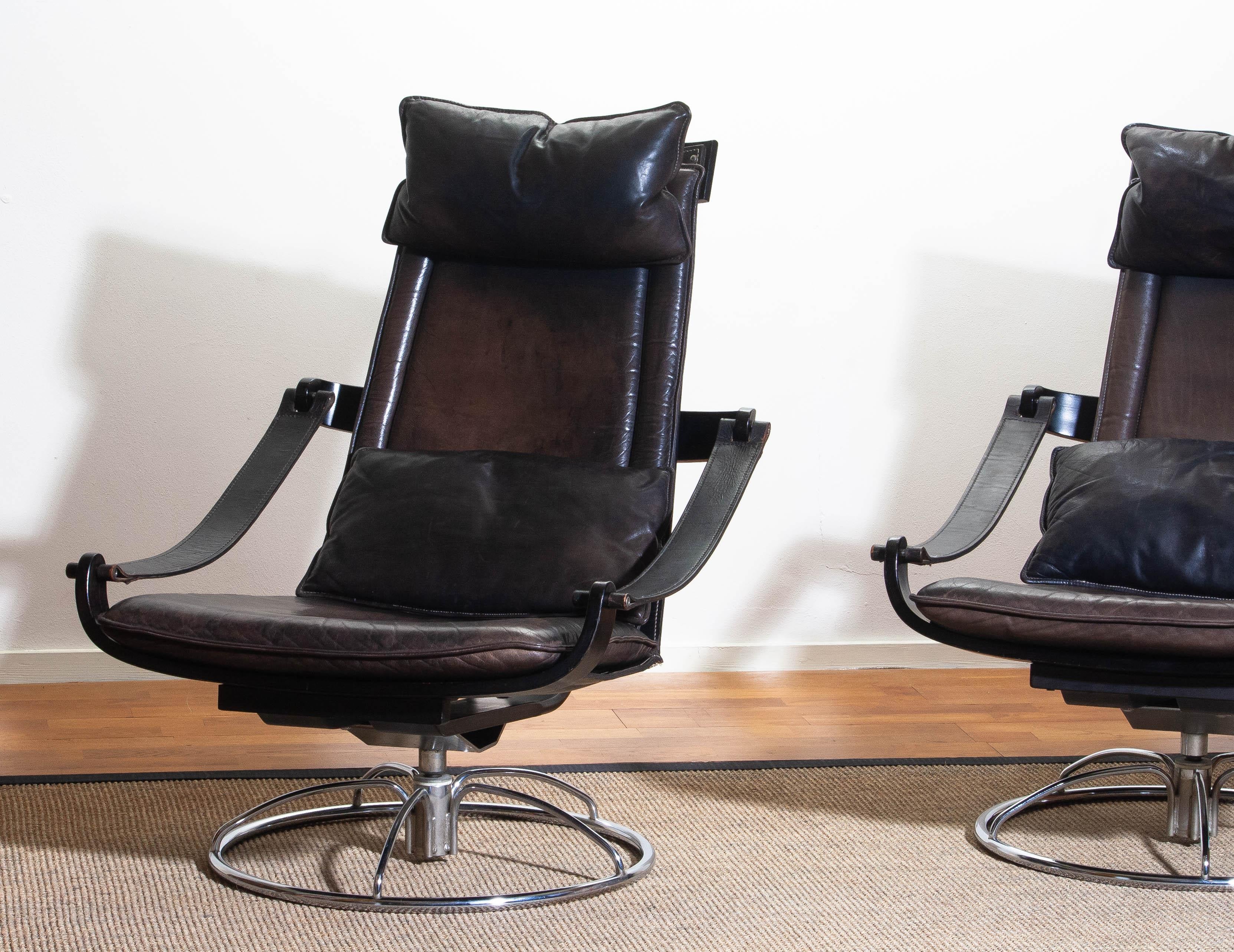 1970s, Pair of Artistic Leather Swivel Chairs by Ake Fribytter for Nelo, Sweden 9