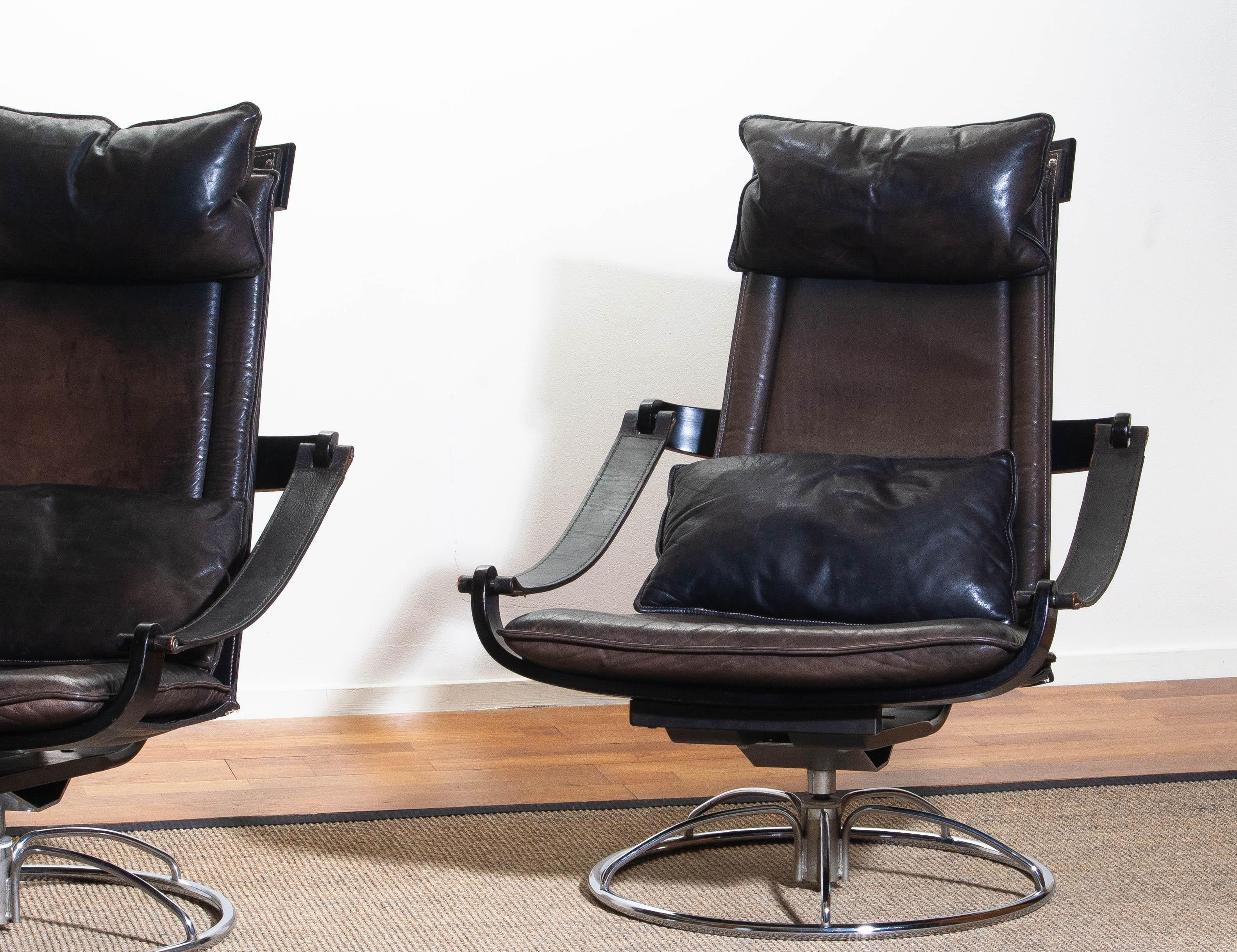 1970s, Pair of Artistic Leather Swivel Chairs by Ake Fribytter for Nelo, Sweden 9