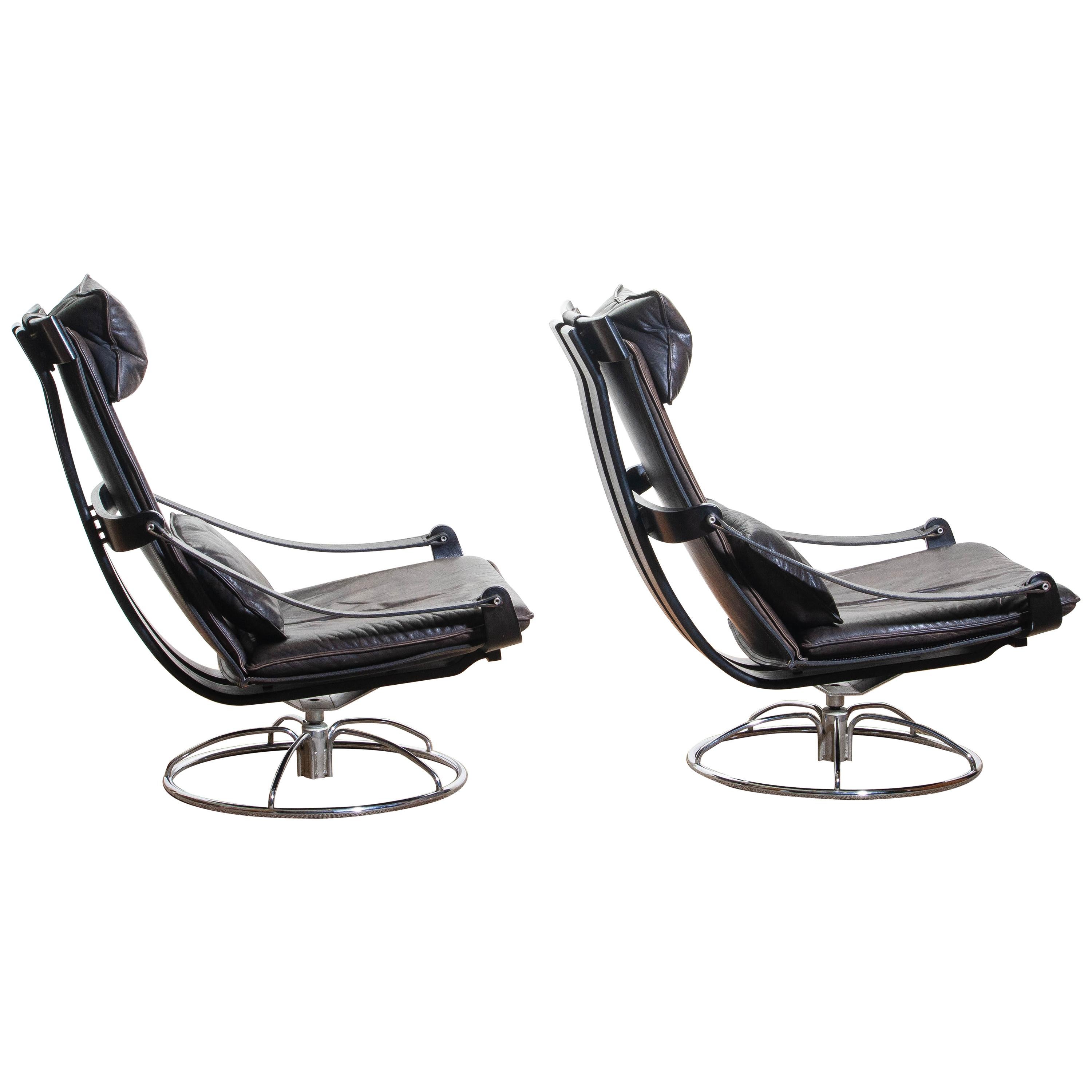 Scandinavian Modern 1970s, Pair of Artistic Leather Swivel Chairs by Ake Fribytter for Nelo, Sweden