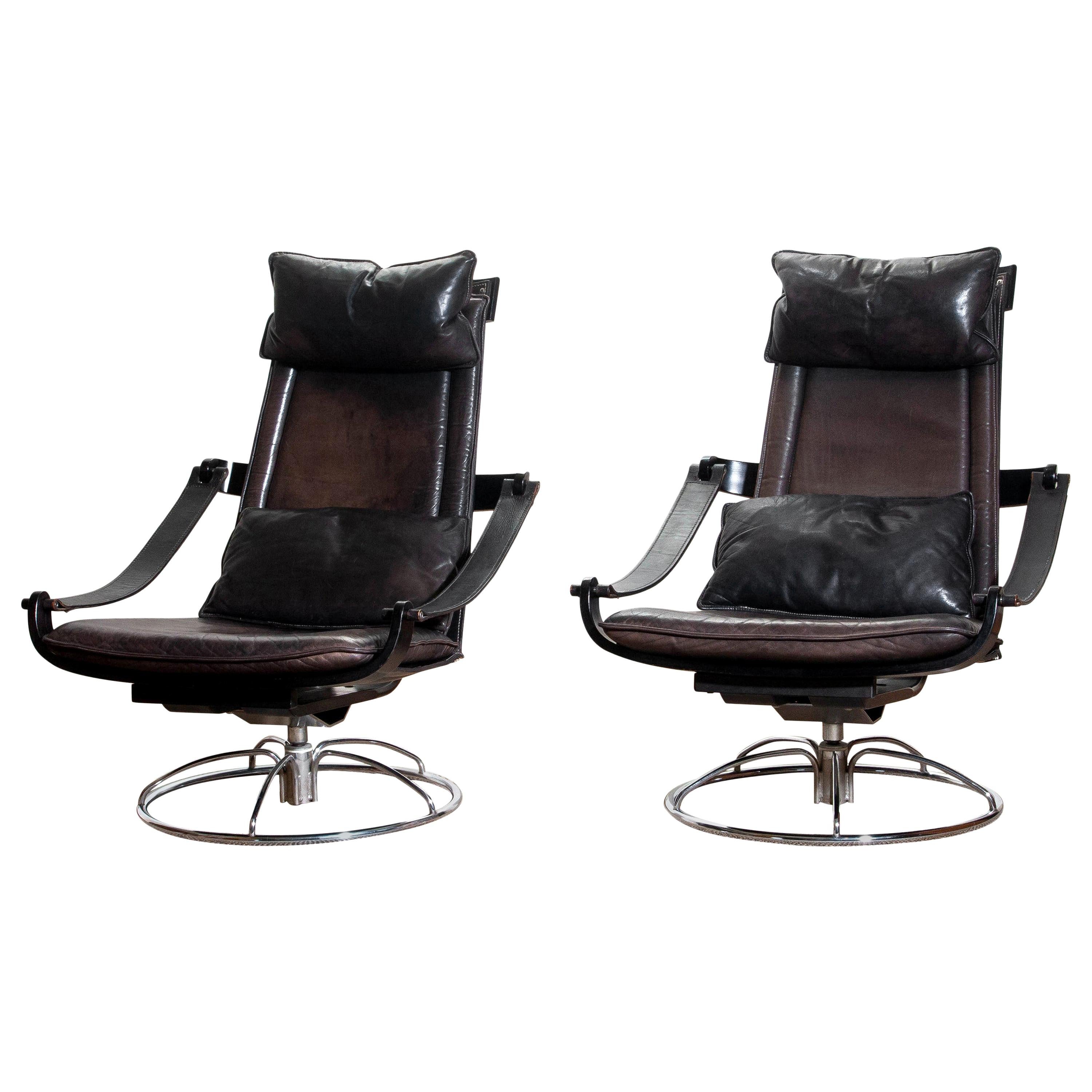 Scandinavian Modern 1970s, Pair of Artistic Leather Swivel Chairs by Ake Fribytter for Nelo, Sweden