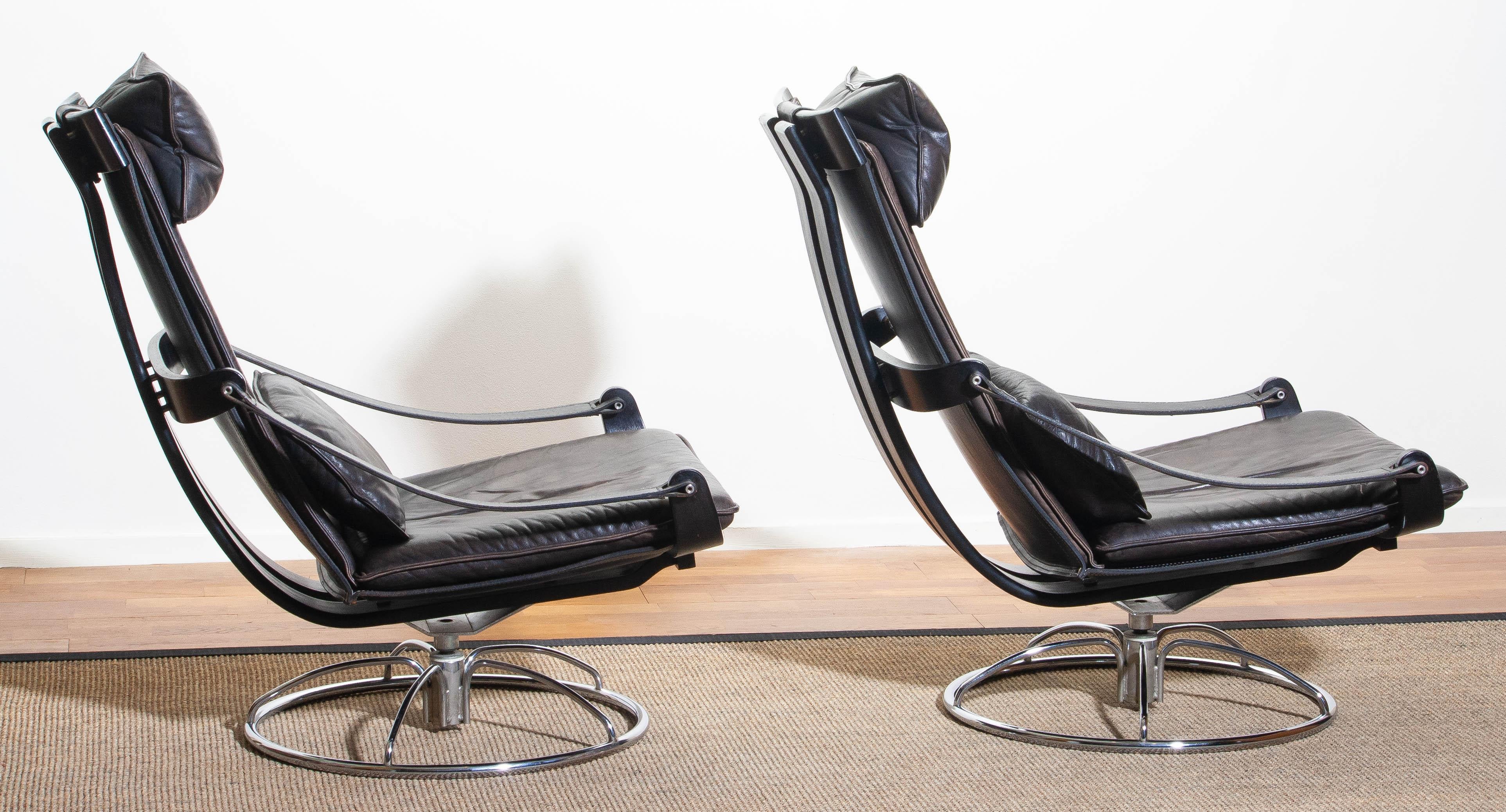 Late 20th Century 1970s, Pair of Artistic Leather Swivel Chairs by Ake Fribytter for Nelo, Sweden