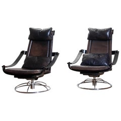 1970s, Pair of Artistic Leather Swivel Chairs by Ake Fribytter for Nelo, Sweden