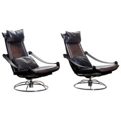 1970s, Pair of Artistic Leather Swivel Chairs by Ake Fribytter for Nelo, Sweden