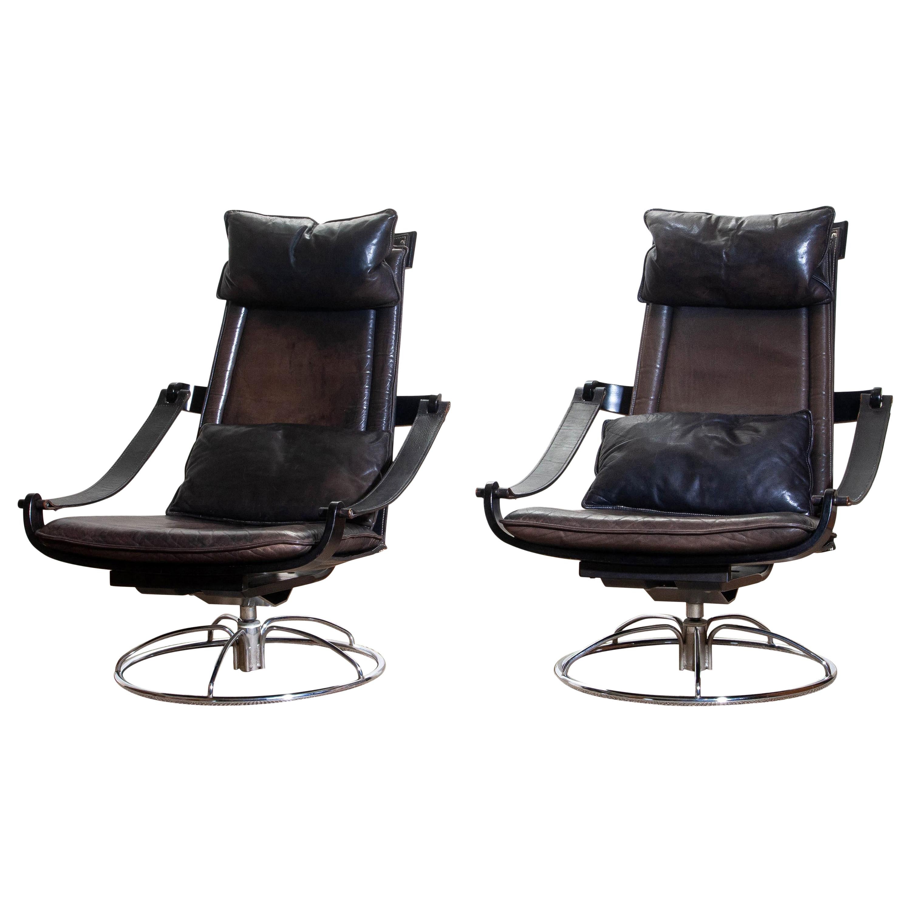 1970s, Pair of Artistic Leather Swivel Chairs by Ake Fribytter for Nelo, Sweden
