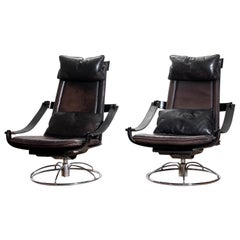 1970s, Pair of Artistic Leather Swivel Chairs by Ake Fribytter for Nelo, Sweden