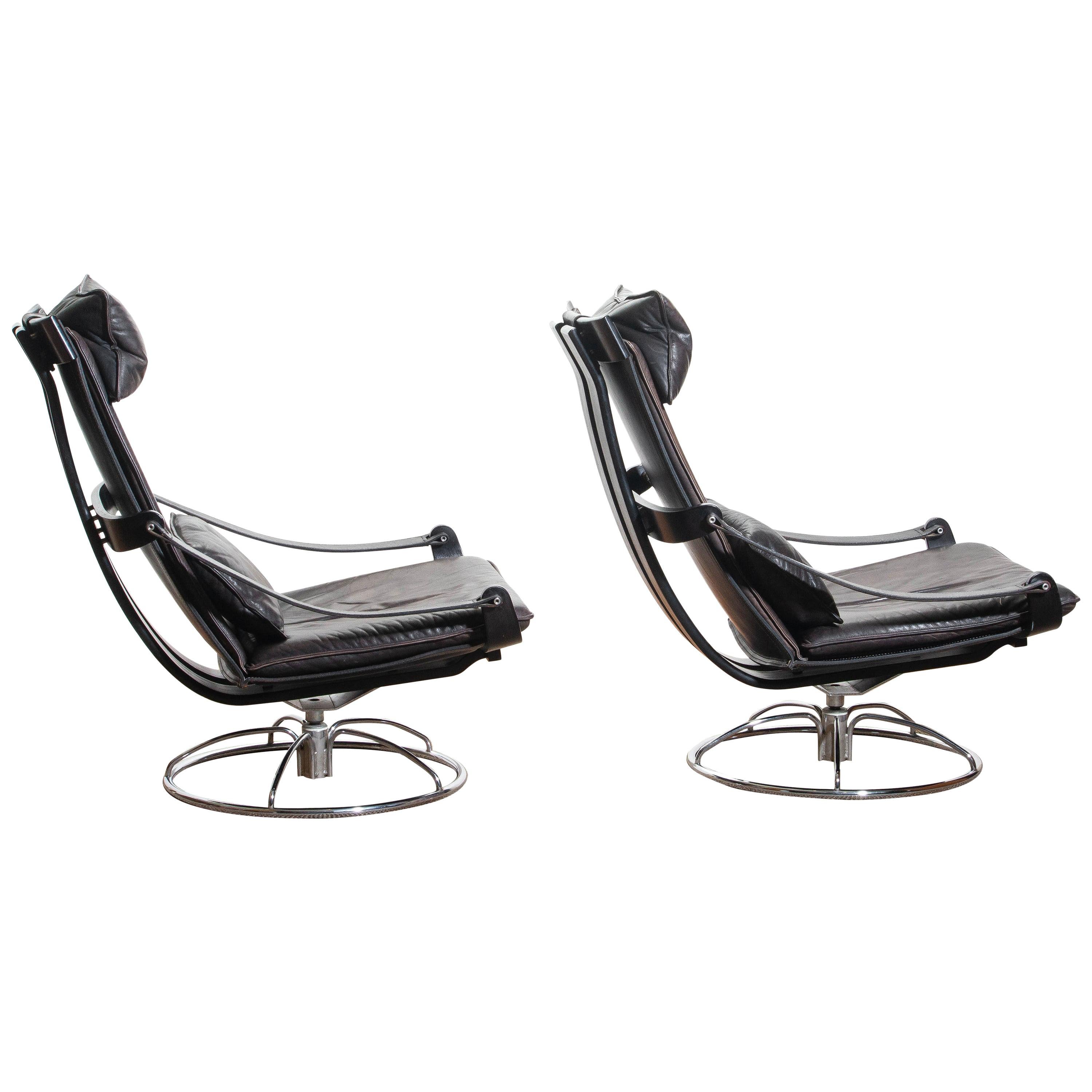 1970s, Pair of Artistic Leather Swivel Chairs by Ake Fribytter for Nelo, Sweden