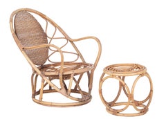 1970s Pair of Bamboo and Wicker Armchairs with Matching Puffs