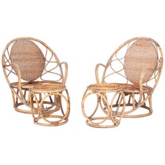 1970s Pair of Bamboo and Wicker Armchairs with Matching Puffs