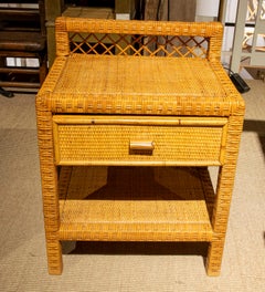 1970s Pair of Bamboo and Wicker Bedside Tables with One Drawer