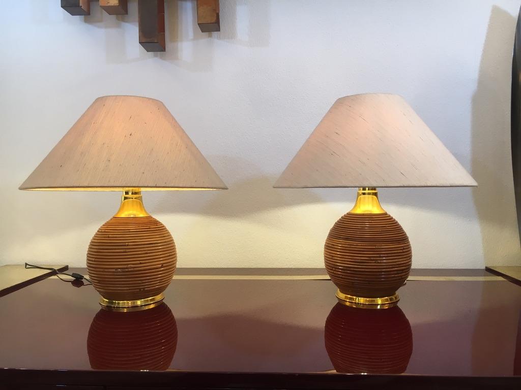 Italian 1970s Pair of Bamboo & Brass Table Lamp For Sale