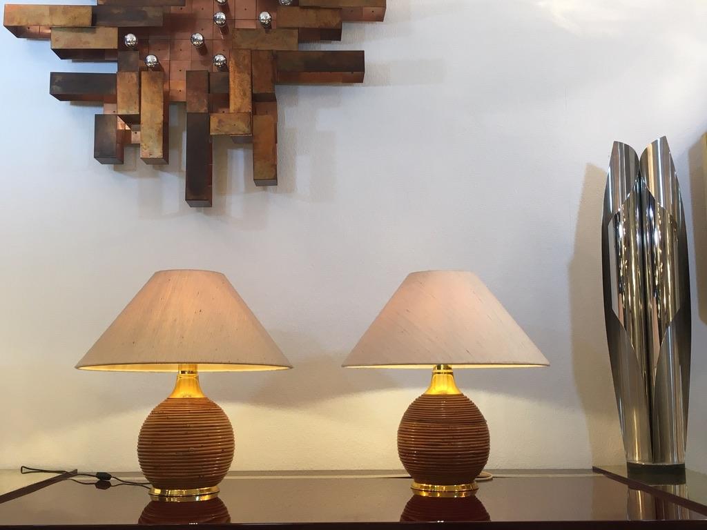 1970s Pair of Bamboo & Brass Table Lamp In Good Condition For Sale In Geneva, CH