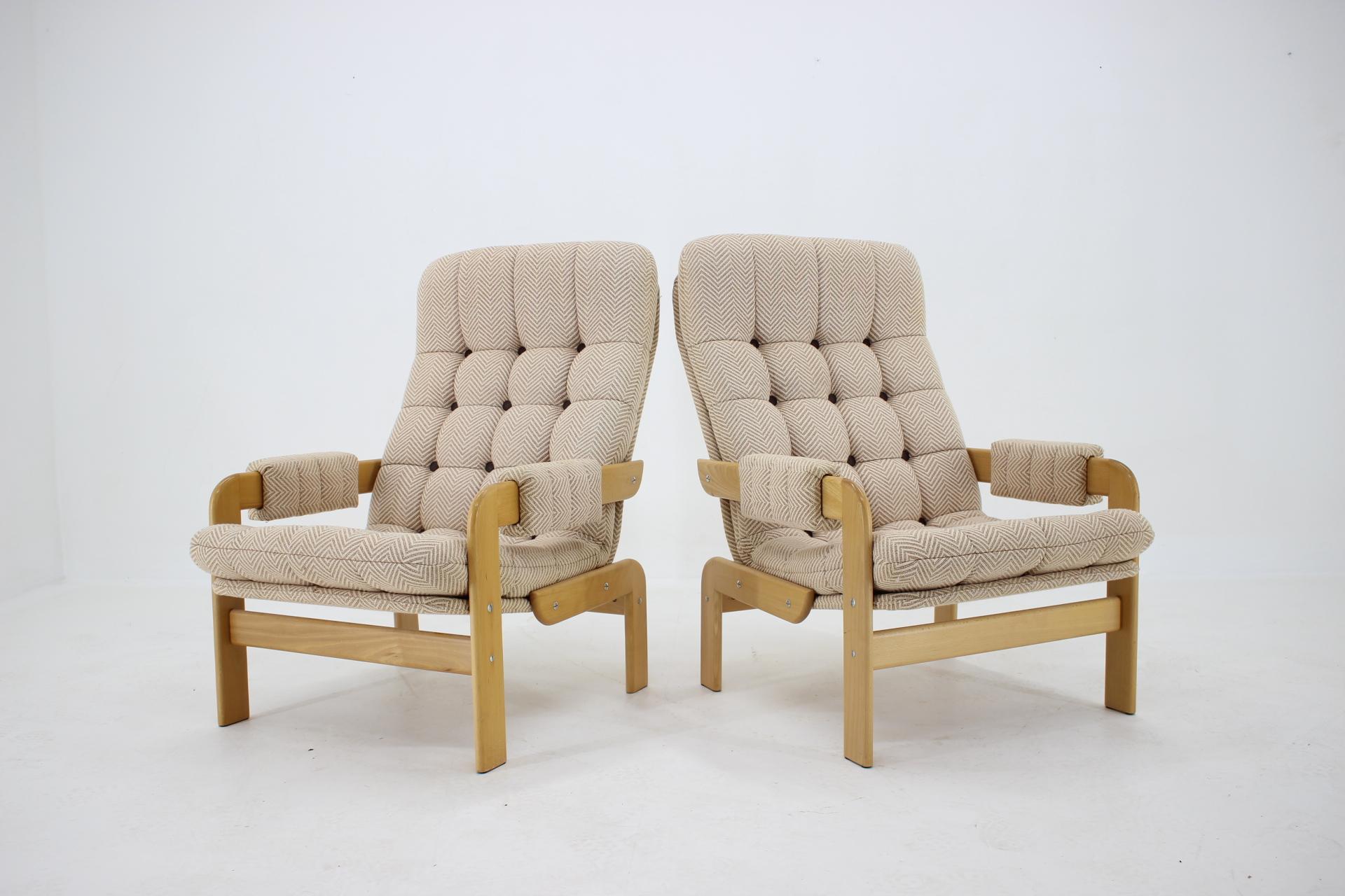Mid-Century Modern 1970s Pair of Beech High Back Armchairs, Czechoslovakia  For Sale