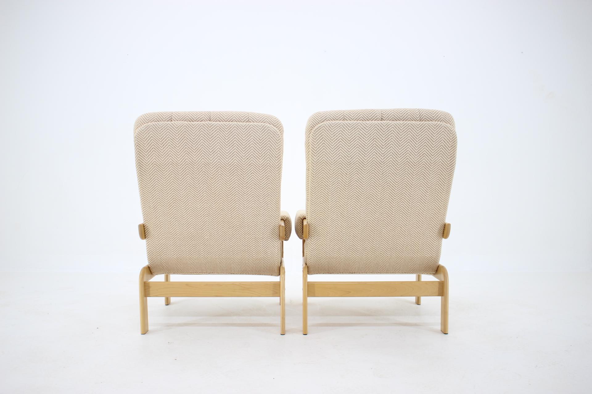 Fabric 1970s Pair of Beech High Back Armchairs, Czechoslovakia  For Sale