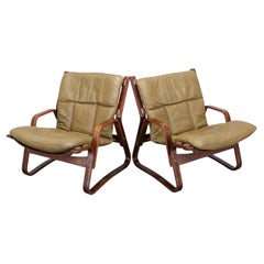 1970s Pair of Bentwood & Buffalo Leather Lounge Chairs by Giske Carlsen for Klep