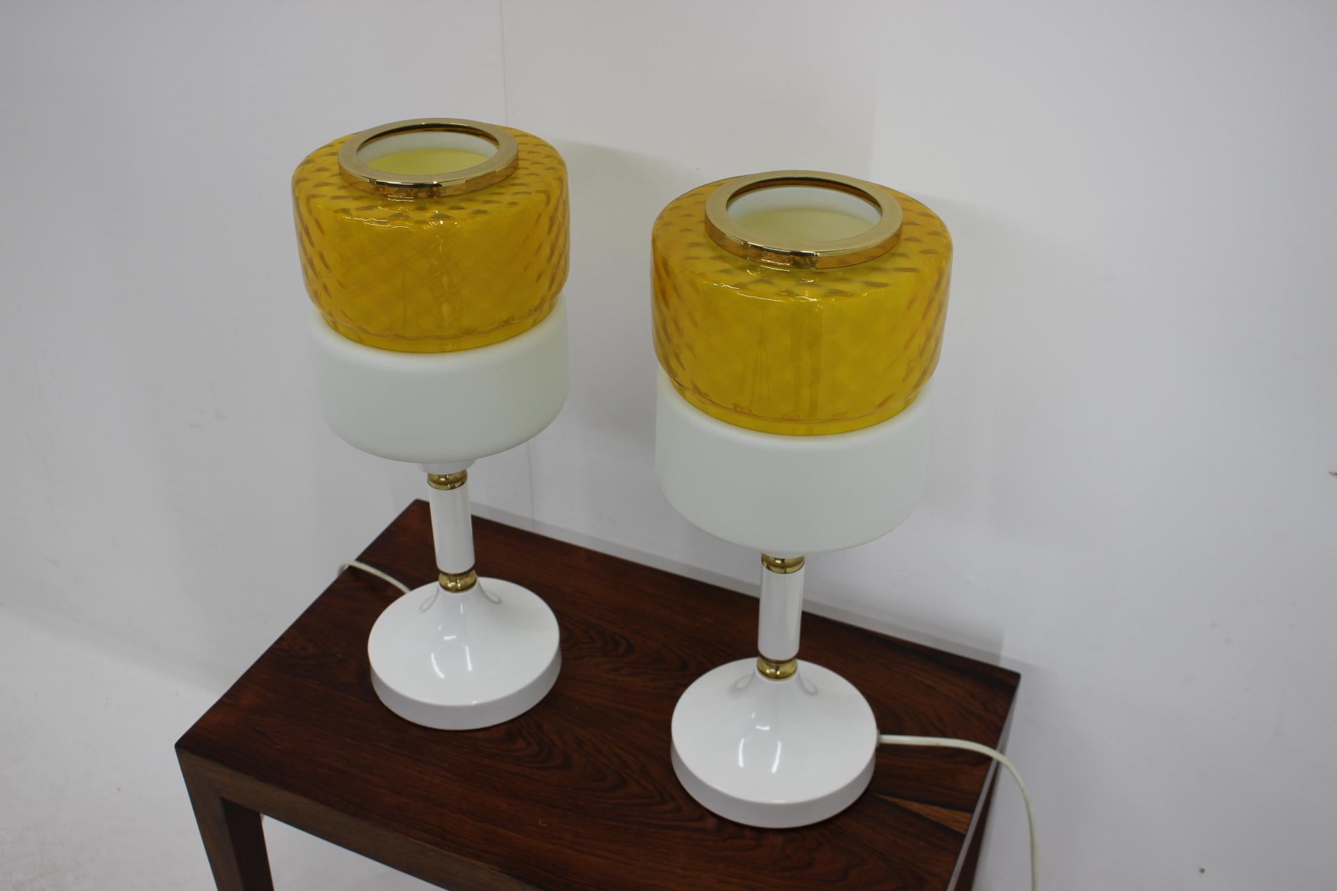 Mid-Century Modern 1970s Pair of Big Glass and Metal Table Lamps, Czechoslovakia