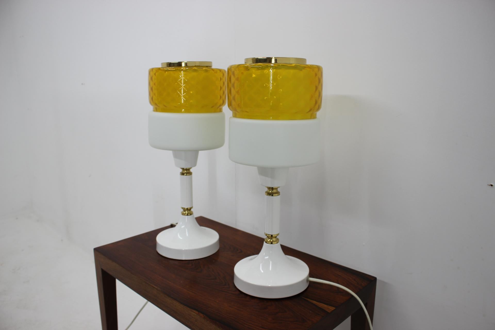 1970s Pair of Big Glass and Metal Table Lamps, Czechoslovakia 1
