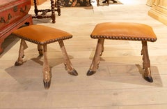 1970s Pair of Black Forest Style Stools with Roe Deer Legs and Leather Upholster