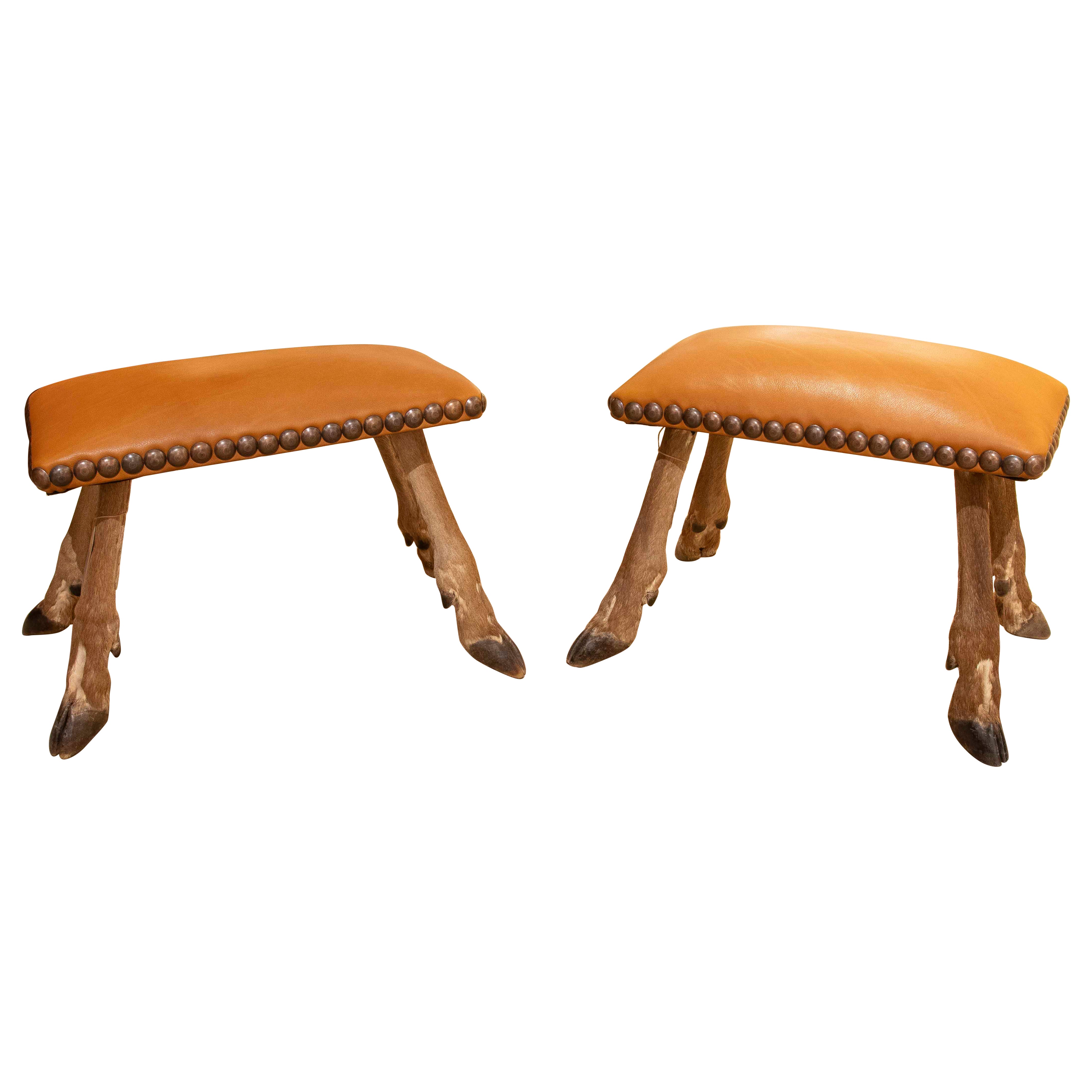 1970s Pair of Black Forest Style Stools with Roe Deer Legs and Leather Upholster For Sale