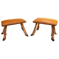 1970s Pair of Black Forest Style Stools with Roe Deer Legs and Leather Upholster