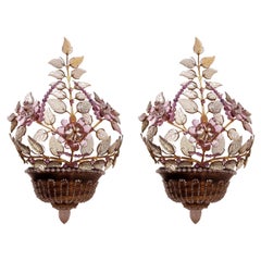 1970s Pair of Brass and Glass Floral Wall lights by Maison Bagues, French