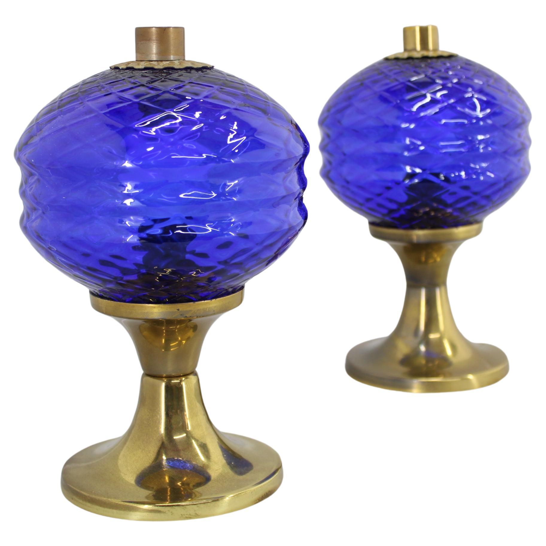 1970s Pair of Brass and Glass Table Lamps , Czechoslovakia For Sale