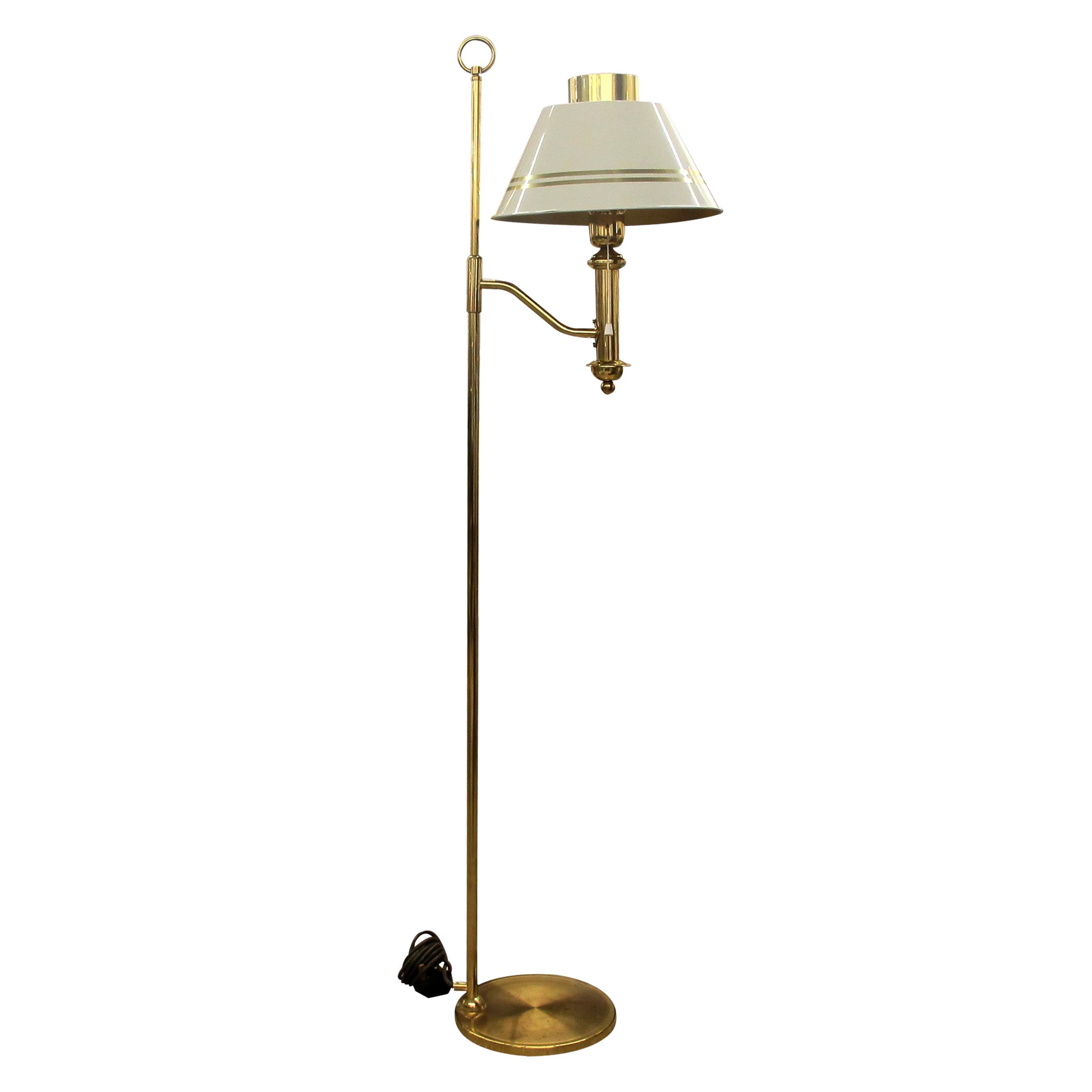 Mid-Century Modern 1970s Pair of Brass and Metal Bracket Floor Lamps White Shades, Swedish For Sale