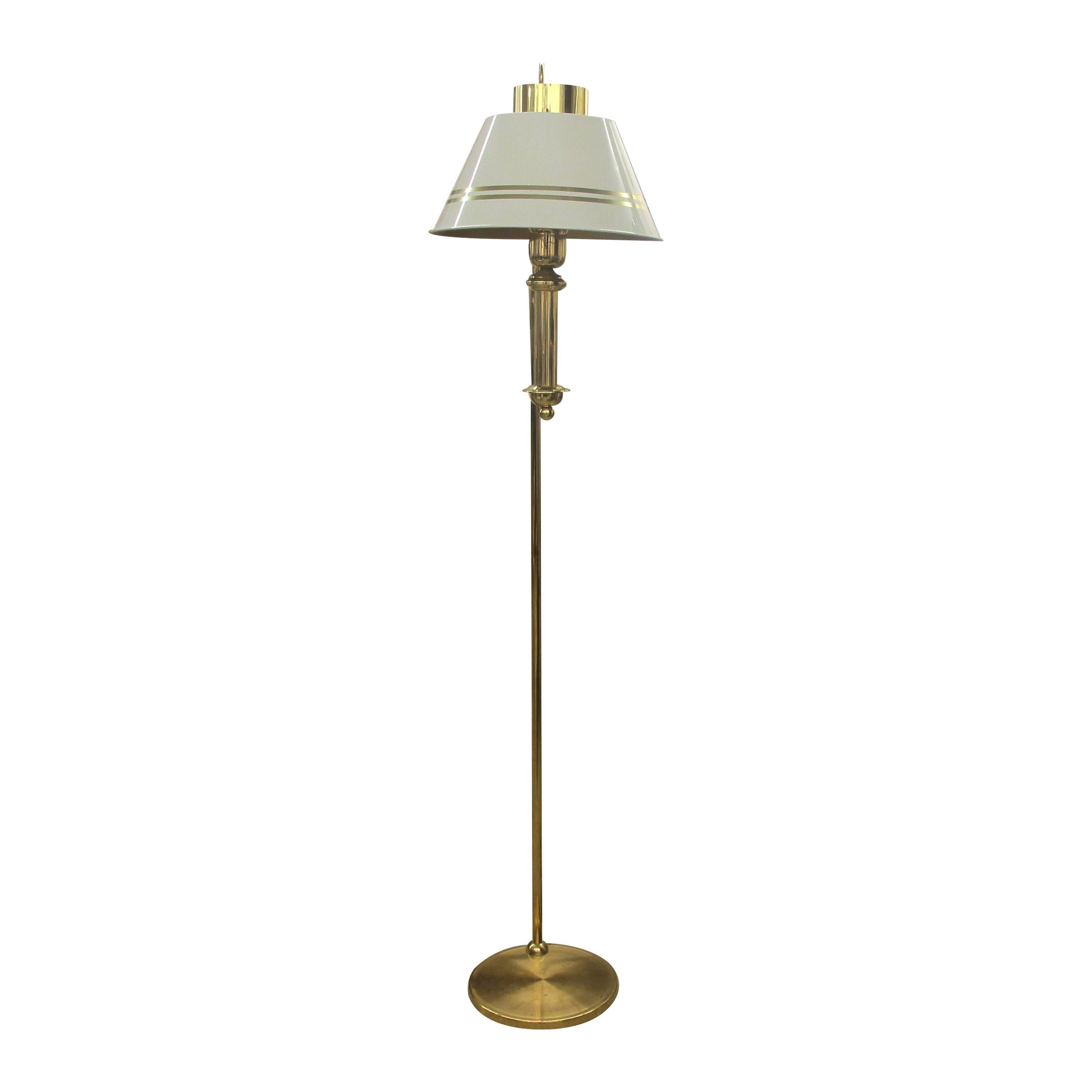 Late 20th Century 1970s Pair of Brass and Metal Bracket Floor Lamps White Shades, Swedish For Sale