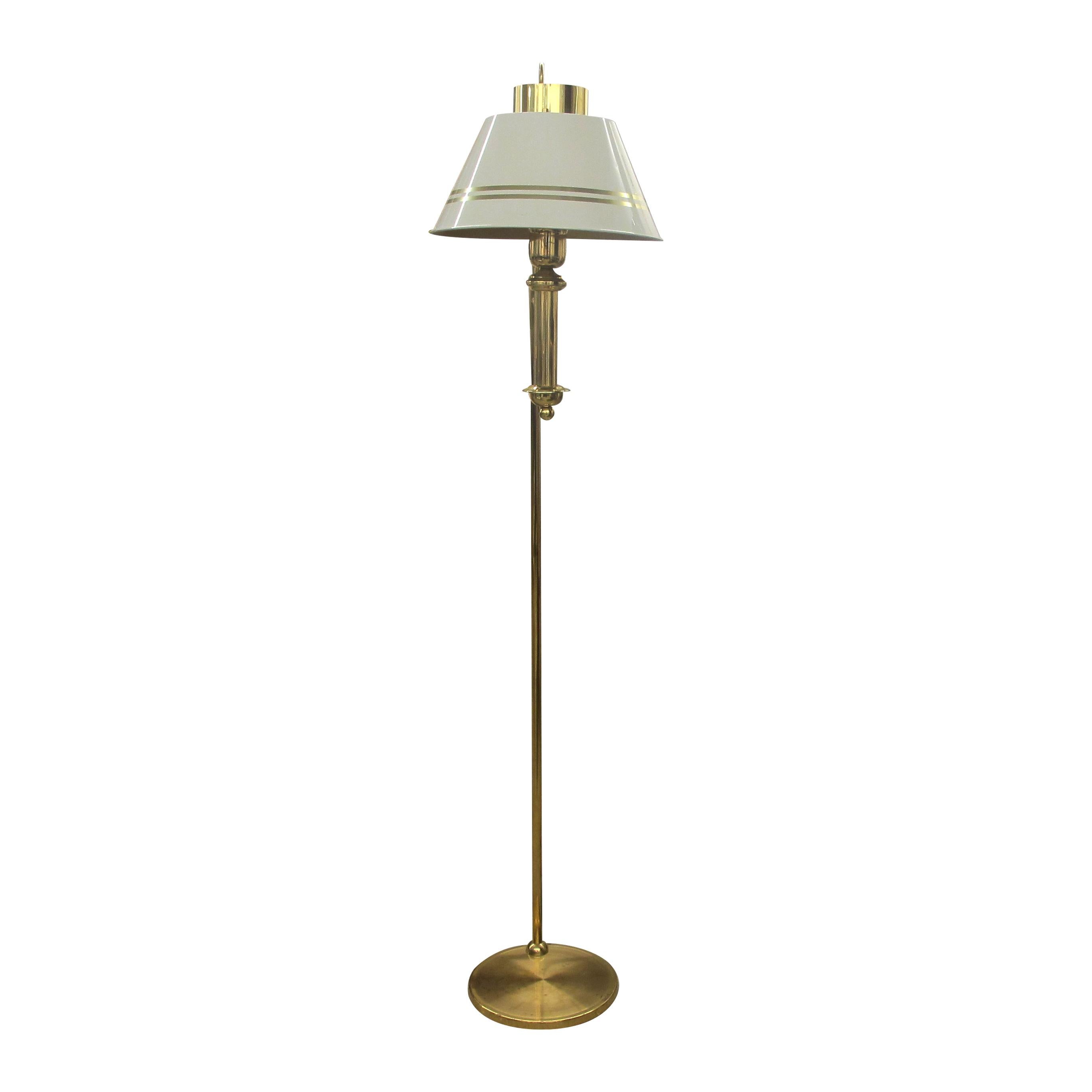 Late 20th Century 1970s Pair of Brass and Metal Bracket Floor Lamps White Shades, Swedish  For Sale