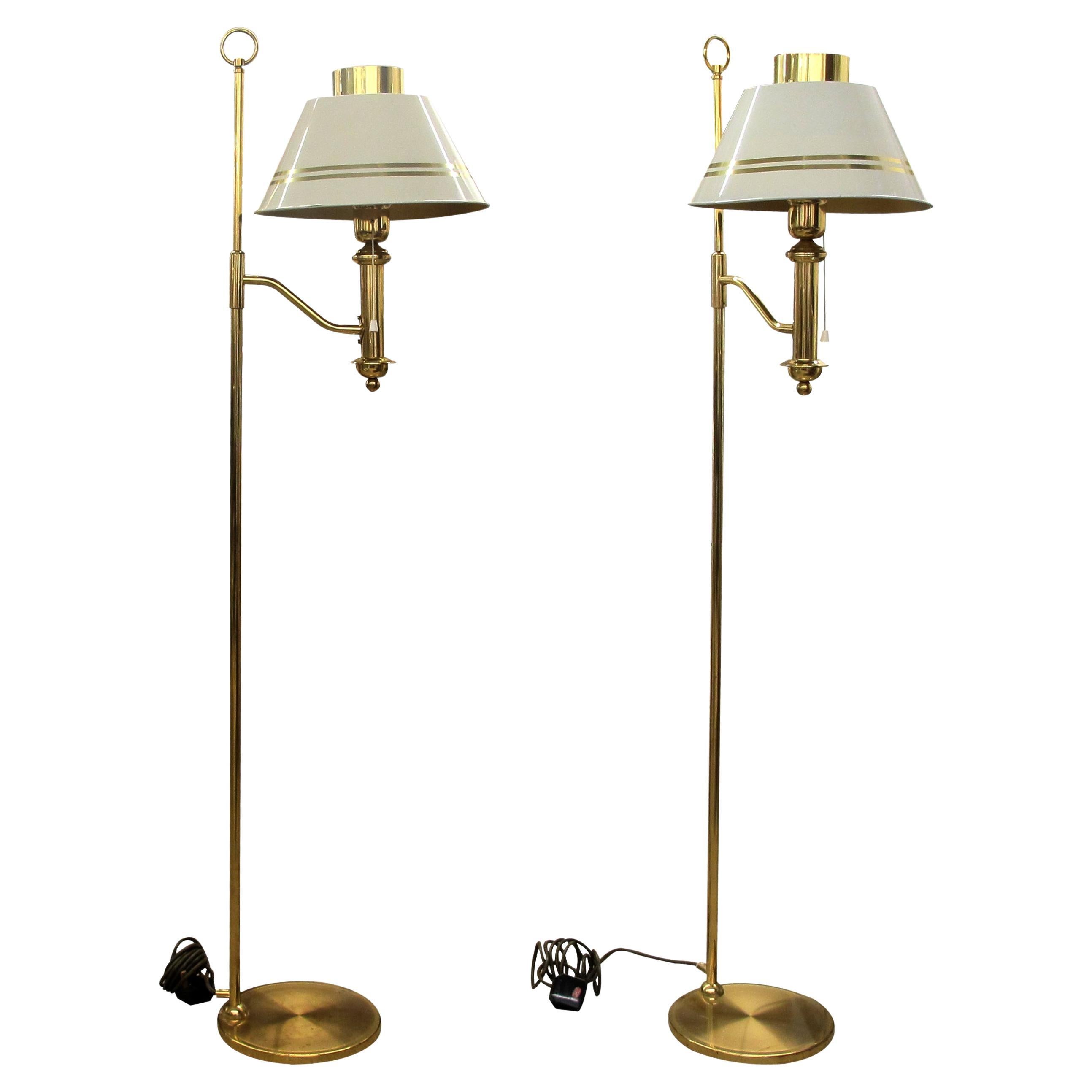 1970s Pair of Brass and Metal Bracket Floor Lamps White Shades, Swedish  For Sale