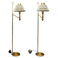 Retro 1970s Pair of Brass and Metal Bracket Floor Lamps White Shades, Swedish 