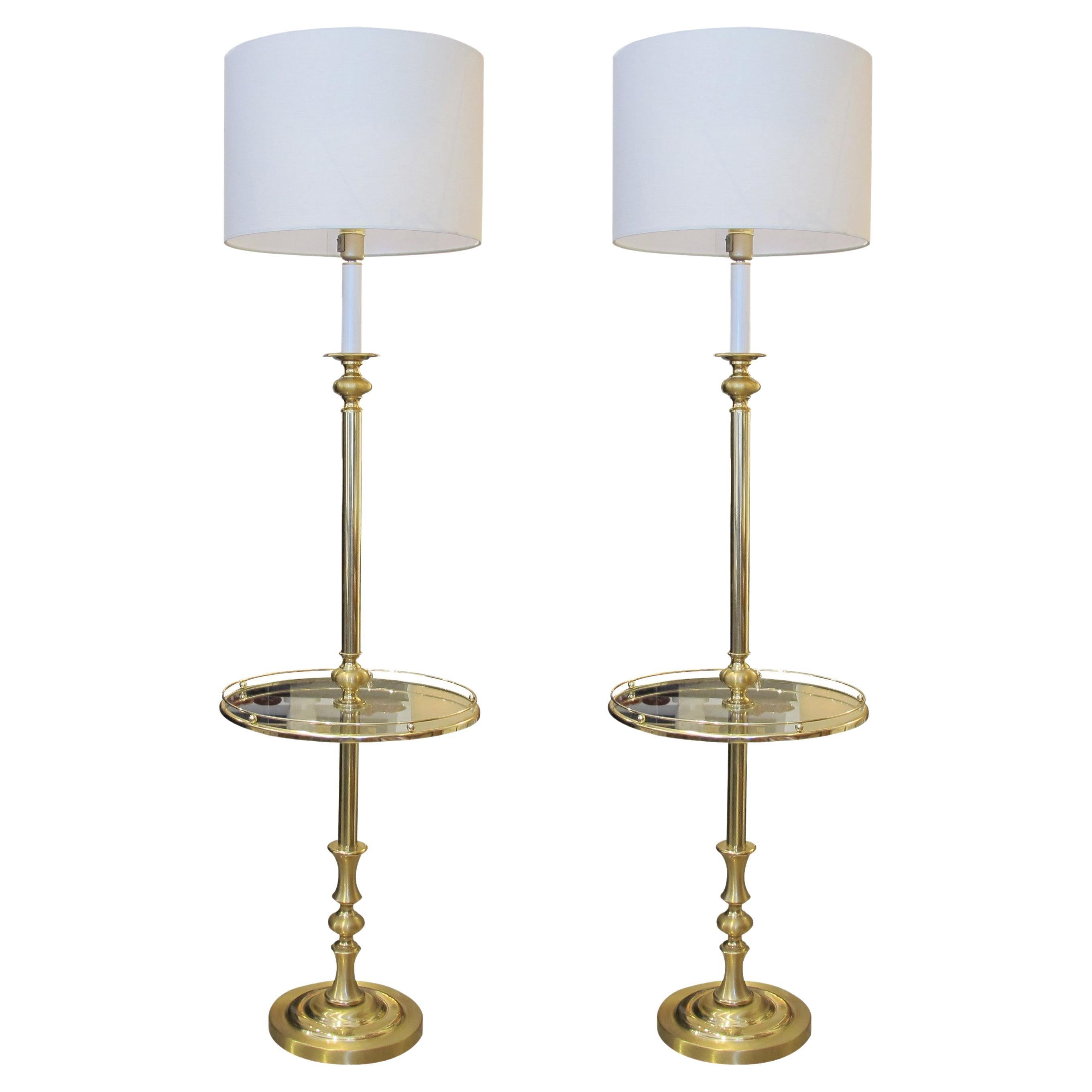 1970s Pair of Brass Floor Lamps with Integrated Side Tables, Swedish For Sale