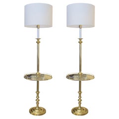 Vintage 1970s Pair of Brass Floor Lamps with Integrated Side Tables, Swedish