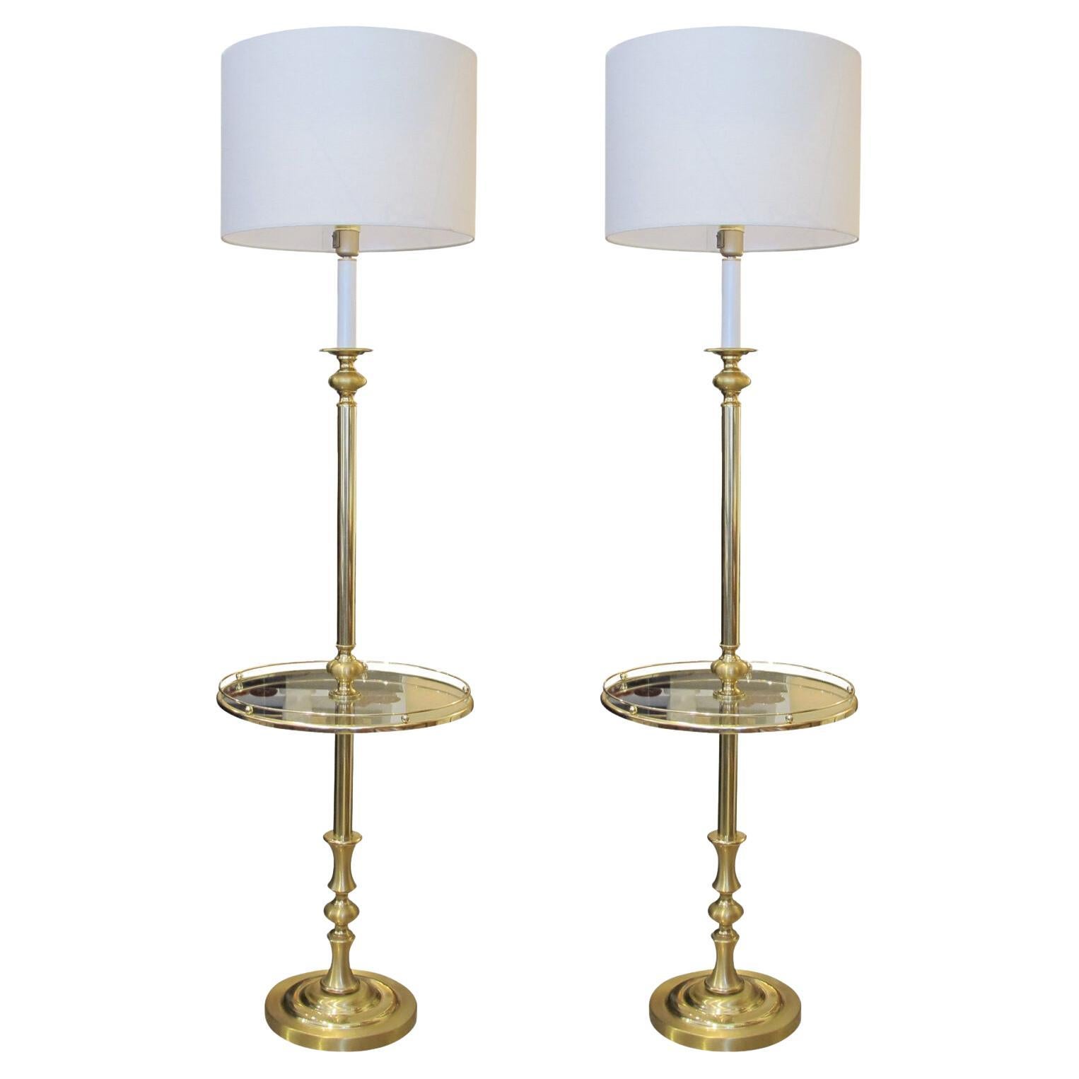 1970s Pair of Brass Floor Lamps with Integrated Side Tables, Swedish