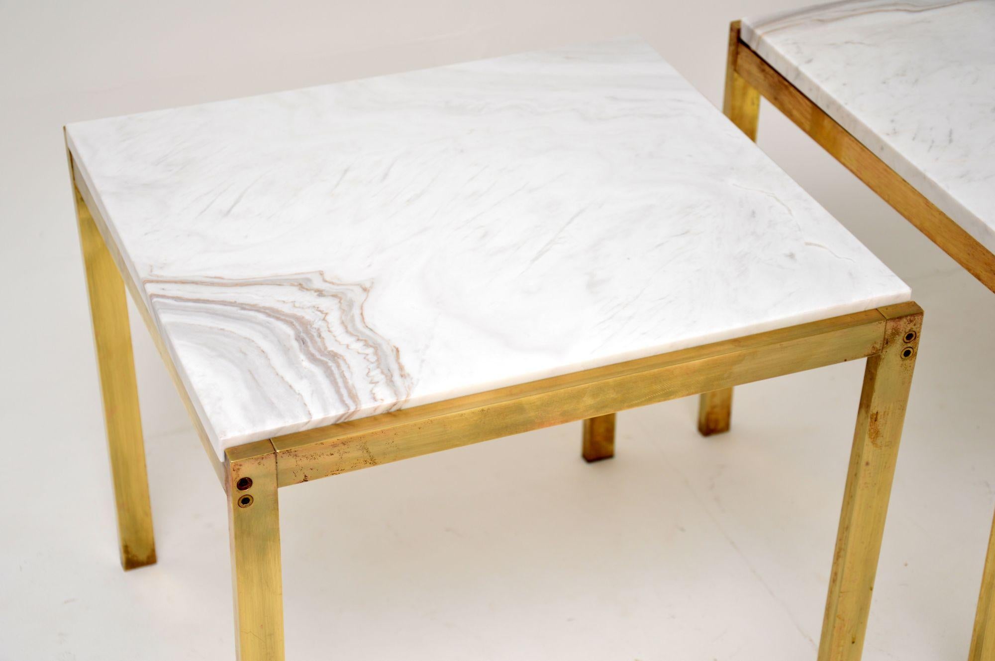 Mid-Century Modern 1970's Pair of Brass & Marble Side Tables