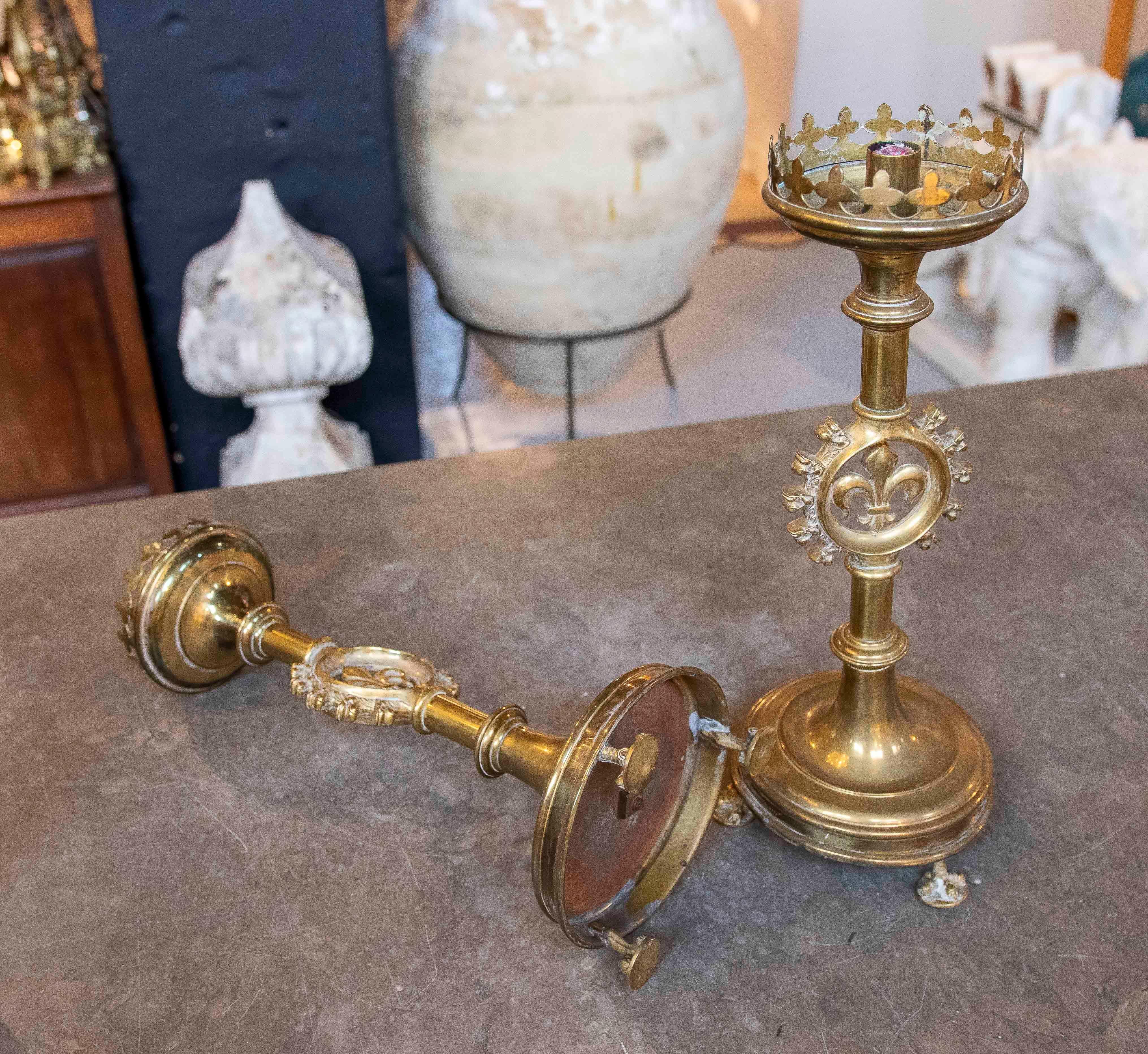 1970s Pair of Bronze Candlesticks Decorated with Fleur de Lis, Italy 1